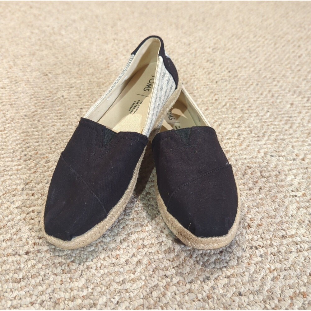 Toms Alpargata Rope 2.0 Espadrilles Womens 7.5 Black Striped Flats Slip On
